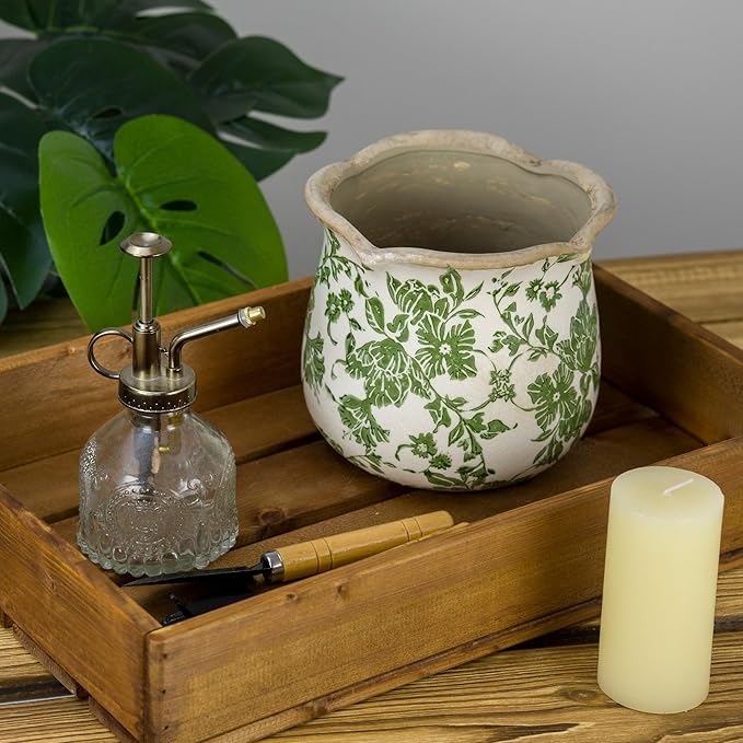Dosayes Rustic Ceramic Planter, 6 Inch Tuscan Vintage Flower Pot with Drainage, Farmhouse Garden Pot for Indoor Plants, Kitchen & Garden Tuscan Decor, Plant Lover Gift (Green)