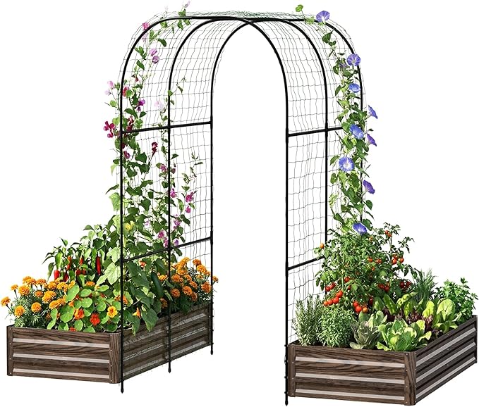 SUNYRISY Galvanized Raised Garden Bed with 87" H Arch Trellis for Climbing Plants Outdoor, Large Metal Planter Box with Netting for Gardening Flowers Vegetables Fruit, Wood Grain