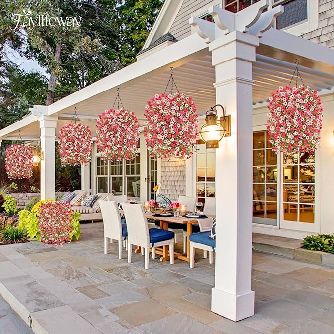 Artificial Hanging Flowers for Outdoors Spring Summer Decoration, 4PCS UV Resistant Silk Fake Hanging Plants for Patio Porch Front Yard Window Garden Indoor Decor(Hot Pink&Light Pink,4PCS)