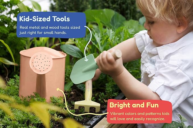 Kinderific Gardening Set, Tool Kit, for Kids, STEM, Includes Tote Bag, Spade, Watering Can, Rake, Fork, Trowel and Gloves, Fruity
