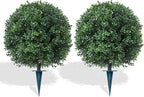 Artificial Boxwood Topiary Trees with Ground Spike,2 Pieces Fake Pine Shrubs Bushes, UV Resistant Faux Evergreen Cypress Tree Plants for Indoor Outdoor Planters Front Porch
