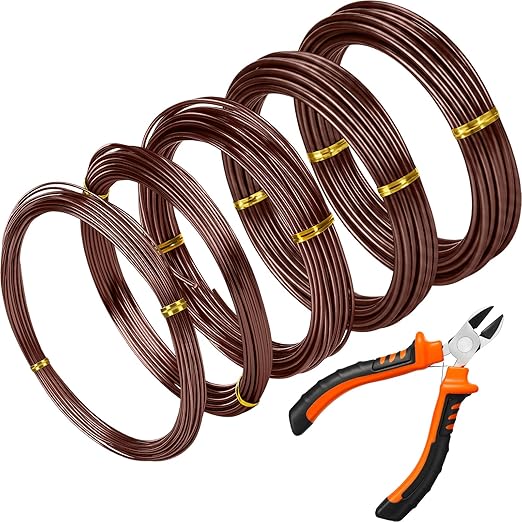 Mudder 5 Roll Aluminum Bonsai Training Wire Tree 160 Feet Total with Bonsai Wire Cutter Anodized Training for Holding Branches Small Trunks(1/1.5/2/2.5/3mm,Brown)