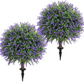 Artificial Lavender Topiary Ball Tree 25" with Ground Spike, Set of 2 Artificial Boxwood Bushes for Faux Shrubs, Fake Evergreen Faux Plant for Indoor Outdoor Porch Garden -UV Resistant–Fade-Proof