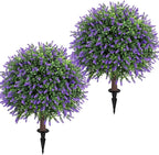 Artificial Lavender Topiary Ball Tree 25" with Ground Spike, Set of 2 Artificial Boxwood Bushes for Faux Shrubs, Fake Evergreen Faux Plant for Indoor Outdoor Porch Garden -UV Resistant–Fade-Proof