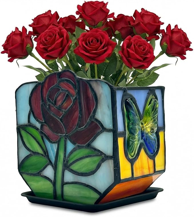 Tiffany Style Stained Glass Rose Planter,Vintage Floral Glass Planter, Candlestick Holder,Unique Home Decor Gift for Women, for Butterfly Enthusiasts, Mother's Day