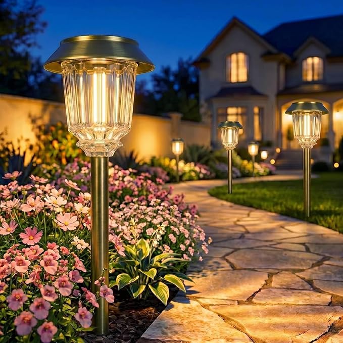 XMCOSY+ Solar Pathway Lights Outdoor - 4 Pack Auto On/Off 10-40 LM Dimmable Waterproof Outdoor Solar Lights for Yard Pathway Garden Driveway Walkway (Bronze)