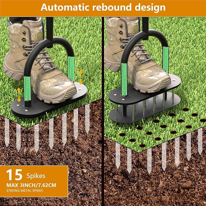 seasky Lawn Aerator, Manual Lawn Aerator Tool with Padded T-Handle, Wide Foot Plate & 15-3 Inch Solid Steel Spikes, Dual-Layer Design for Effortless Aeration in Lawn, Yard and Garden Soil