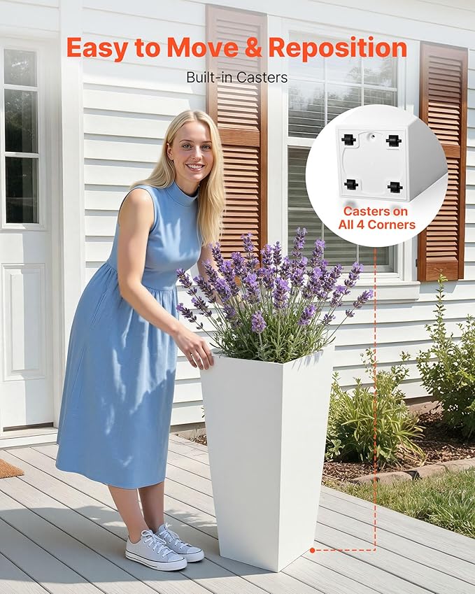 VEVOR 26 Inch Tall Planter Set of 2, Outdoor Large Tall Planters for Outdoor Indoor Plants, White Tapered Planter for Front Porch, Patio, Garden, Plant Container Flower Pots with Built-in Drainage