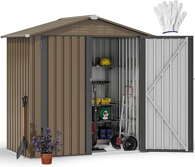 DWVO 6x4ft Outdoor Storage Shed, Lockable Metal Tool Storage Sheds, Waterproof Garden Sheds with Vents for Backyard, Patio, Garage, Lawn, Brown