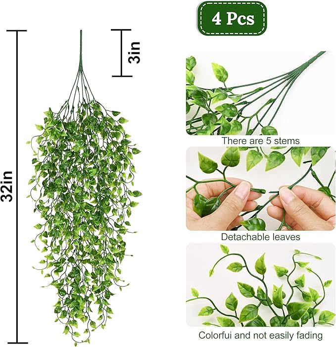 Waipfaru 4Pcs Artificial Hanging Plants, Fake Vines Boston Ivy Fake Hanging Plants for Outdoors UV Resistant Ivy Artificial Plants Faux Plants Indoor Living Room Boho Wall Porch Shelf Decor