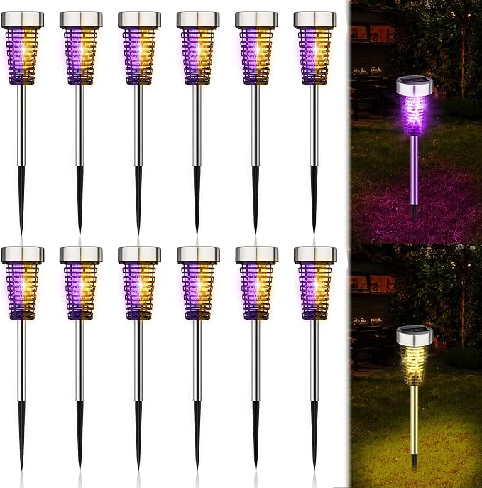 Qualirey 12 Pack Solar Bug Zapper Outdoor Waterproof Mosquito Repellent Killer Bug Zapper Lamp with LED Light for Outdoor Garden Patio Yard (Purple and Warm Light,Silver)