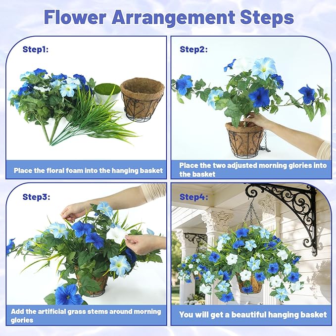 Artificial Flowers Hanging Baskets for Outdoors, 5PCS UV Resistant Faux Outdoor Plants, Fake Petunias Silk Flowers for Garden Balcony Yard Porch Decor (White Blue)