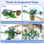 2 Pack Artificial Flowers Hanging Baskets for Outdoors, 10 PCS UV Resistant Faux Outdoor Plants, Fake Petunias Silk Flowers for Garden Balcony Yard Porch Decor (White Blue)