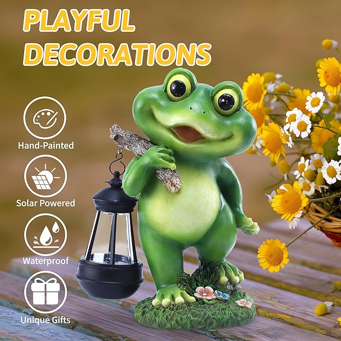 Outdoor Frog Garden Decor: 11'' Yard Decoration with Solar Lantern Funny Frog Statue Gifts for Women Mother's Day Housewarming Gift