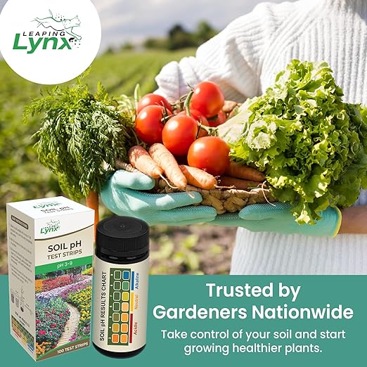 Soil pH Test Kit (3-9 Range) – 100 Test Strips for Garden, Lawn, Vegetable & Flower Beds | Quick & Easy Soil pH Monitoring for Indoor & Outdoor Plants | Leaping Lynx