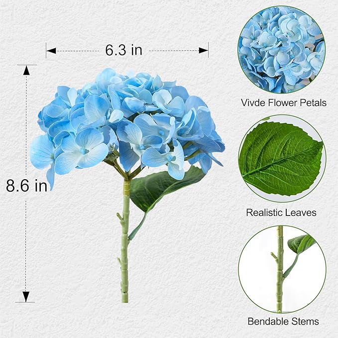 Artificial Hydrangea Flowers Arrangement in Wood Planter, 4PCS Fake Blue Flowers in Wooden Vase Potted Floral Centerpieces for Tables Living Room Home Office Room Shelf Kitchen Decor