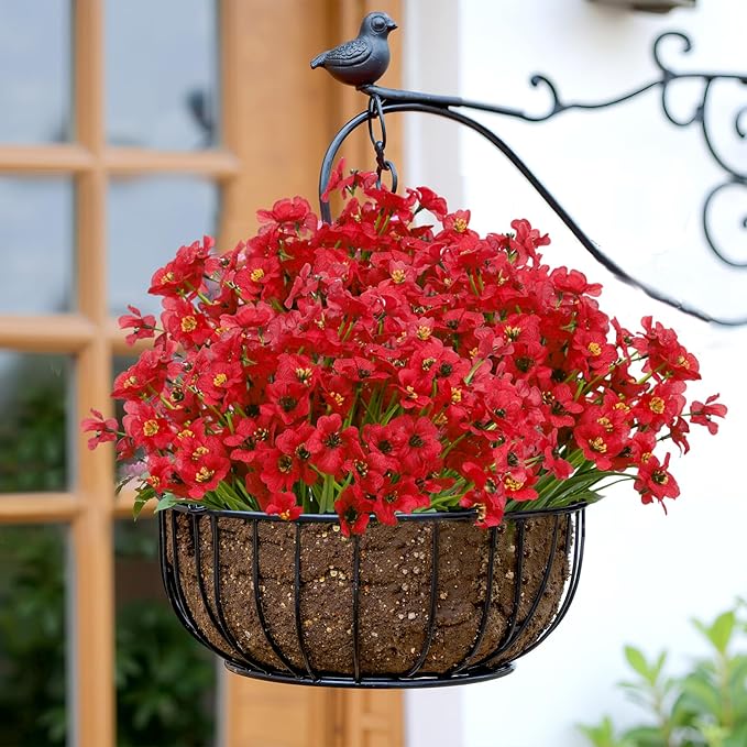 Bassion 24 Bundles Artificial Flowers for Outdoors Decoration, UV Resistant Red Silk Fake Faux Flowers Artificial Plants for Outside Window Box Porch Garden Home Decor