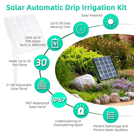 Solar Powered Drip Irrigation System, OHYEAHSPIN Solar Automatic Garden Watering Outdoor Greenhouse Accessories Supported 15 Pots Plants & 6 Timer Modes