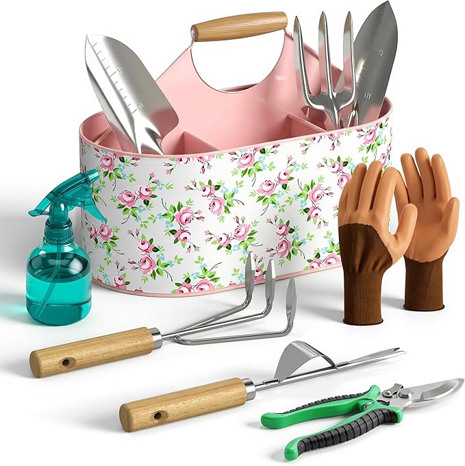 9-Piece Garden Tool Set, Heavy Duty Stainless Steel Rust-Proof Ｇardening Ｋit with Ergonomic Wood Handles, Durable Metal Organizer Basket with 4 Compartments, Ideal Gardening Gift for Women, Mother