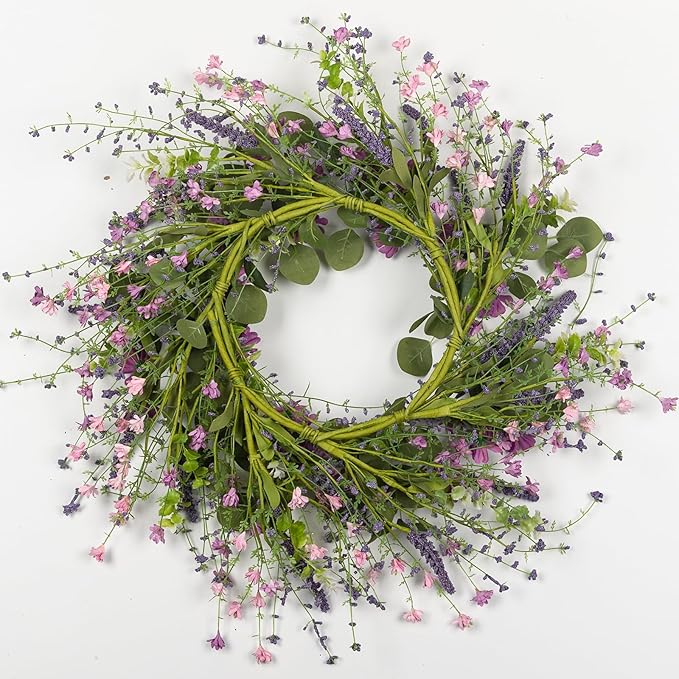 26" Spring Summer Wreaths for Front Door, Artificial Green Eucalyptus Lavender Purple Daisies Wildflower Berries Handmade Floral Year Round Indoor Outdoor Porch Home Decor