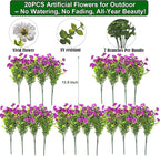 20 Bundles Artificial Flowers for Outdoors, UV Resistant Fake Plants Flowers Greenery Shrubs Plants for Decoration Outside Plants Hanging Planter Home Garden Decor (Fuchsia)