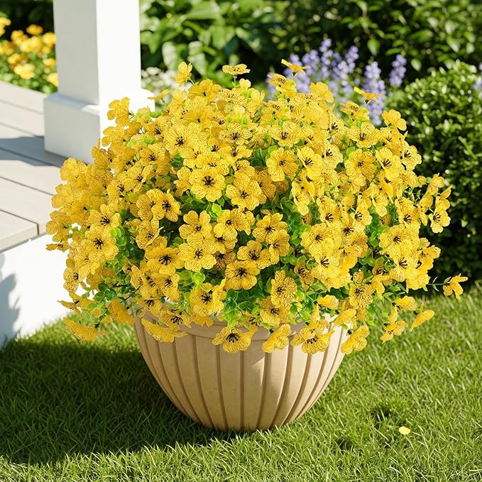 ATTGREAT Artificial Flowers Outdoor Faux Plants UV Resistant Fake Patio Flowers Plastic Greenery Plnats Outside Bulk for Spring Garden Hanging Planter Home Vase Decor, 24 Bundles (Yellow)