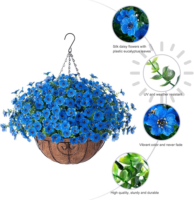 HyeFlora Artificial Fake Hanging Plants Flowers with Basket Outdoor Decor Faux Silk Daisy Flower Arrangements in Pot Planter for Porch Home Indoor Patio Garden Yard Decoration, Blue