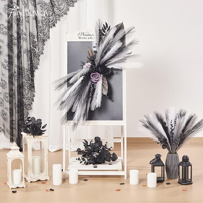 50pcs Pampas Grass 17in, Black and White Pampas Grass Artificial Fluffy Vase Filler Flower Arrangement for Home Party Living Room Decor(Black & Grey & White)