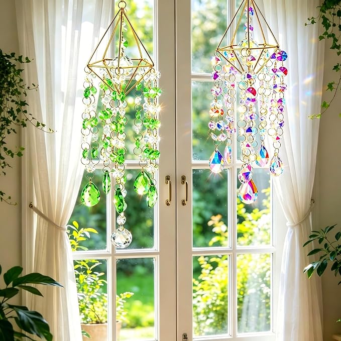 2 Sets Crystal Suncatcher Wind Chimes for Window Hanging, Rainbow Prism Crystal Sun Catchers Indoor Hanging Decor for Home, Garden, Plant & Wedding (AB Green)