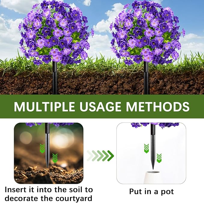 Waipfaru Set of 2 Artificial Boxwood Topiary with Colorful Flowers, 23" UV Resistant Fake Bushes Faux Outdoor Plants, Artificial Shrubs with Ground Spike for Outdoor Garden Front Porch(Purple)