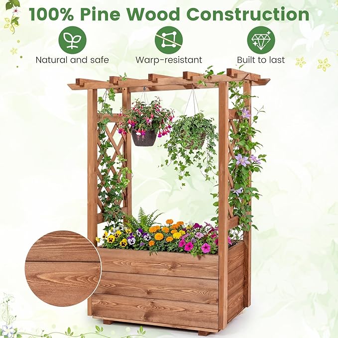 Giantex Raised Garden Bed with Sided Trellis & Roof, 31”x16”x41” Wood Elevated Planter Box, Freestanding Garden Planter Raised Bed for Flowers Herbs Climbing Vines,Brown,1