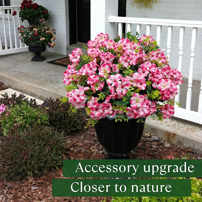 Artificial Geranium Flowers for Outdoor Decoration, 6 Bundles UV Resistant Silk Geranium Fake Plants Faux Flowers for Front Porch Garden Patio Window Box Outside Indoor Decor (Pink)