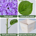 Artificial Hydrangea Flowers Arrangement in Wood Planter, 4PCS Fake Purple Flowers in Wooden Vase Potted Floral Centerpieces for Tables Living Room Home Office Room Shelf Kitchen Decor