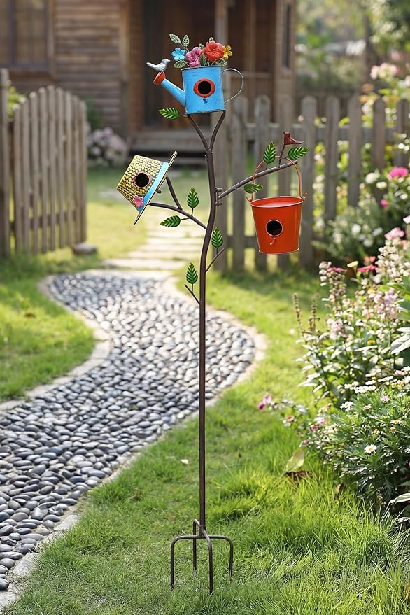 3-in-1 Bird House with Pole for Outside, Multi-Colored Metal Bird Houses for Outside, Durable Colorful Birdhouse on Stake for Bluebirds, Squirrel Proof with Easy-Clean Rear Doors, Garden Decor