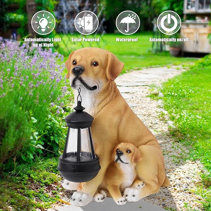 Garden Dog Statues Outdoor Decor, Solar Lights Outdoor Labrador Figurine Solar Dog Ornaments for Patio, Lawn, Yard Art Decoration, Housewarming Garden Gifts for Mom