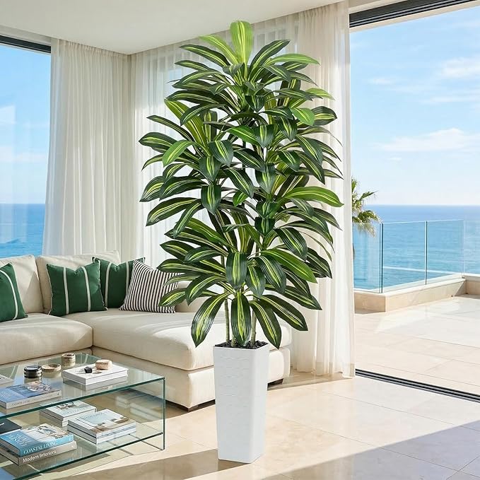 Artificial Dracaena Tree - 7FT Tall Fake Plants with White Tall Planter - Artificial Plants Indoor Floor Plant in Pot - Large Tropical Fake Yucca Potted Tree for Home Office Living Room Decor