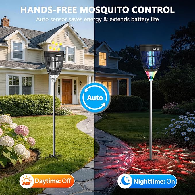 Solar Bug Zapper Outdoor, Jinyeda 4200V Mosquito Zapper with RGB Projector & Flame Lights, Cordless Mosquito Killer, USB Rechargeable Fly Insect Trap Waterproof Lighting Decor for Patio, Garden, Yard