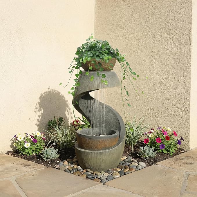 Outdoor Water Feature Patio Fountain with LED Lights, 31.9" Resin Garden Waterfall Fountain Outdoor, Modern S-Shaped Bowl Design Water Feature for Porch, Garden, Yard, Home Decor, Grey