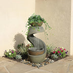 Outdoor Water Feature Patio Fountain with LED Lights, 31.9" Resin Garden Waterfall Fountain Outdoor, Modern S-Shaped Bowl Design Water Feature for Porch, Garden, Yard, Home Decor, Grey