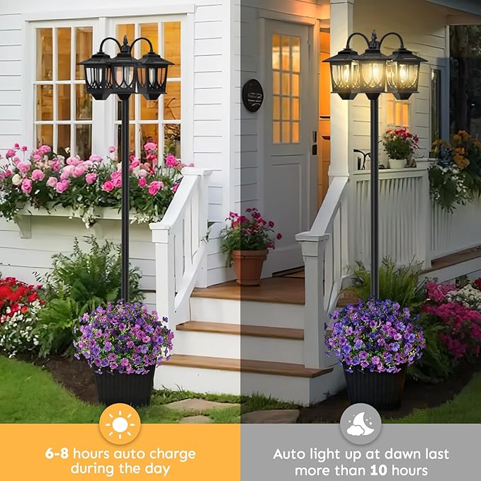 3-Head Solar Lamp Post with Planter, 74" Solar Light Flower Pot Lamp Post, 60Lm Waterproof Solar Light Poles for Outside, Garden, Patio, Yard, Driveway, Replaceable Bulb, Warm White (3000K)