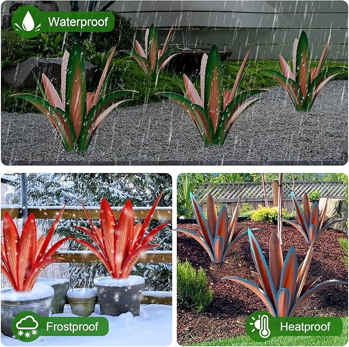 TOMBABY Enlarge Thickened Wind Resistant Metal Agave Garden Art Metal Plant Country Garden Sculpture Statue Outdoor Decoration Agave Metal Plant Courtyard Garden Lawn Ornament Gift (1, 12 Leaves red)