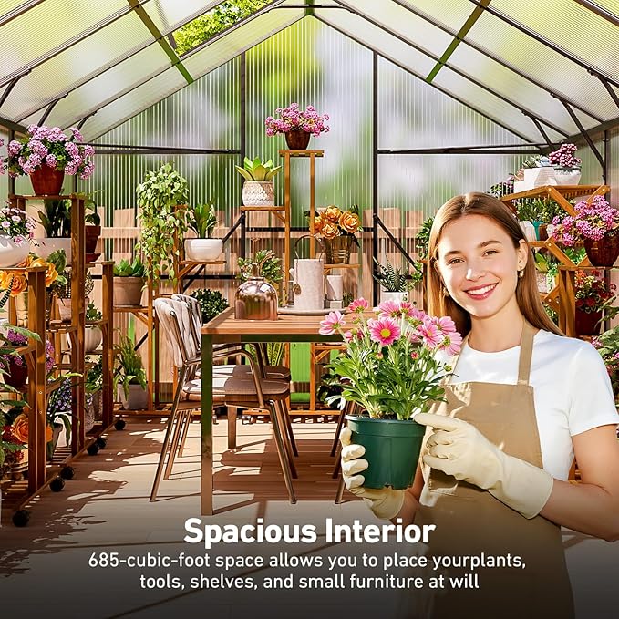 8x10FT Greenhouse Kits with Hygrometer, Polycarbonate Green Houses for Outside Heavy Duty with Aluminum Frame, Walk in Greenhouses with Drainage Channel Roof Vent for Backyard or Garden Use
