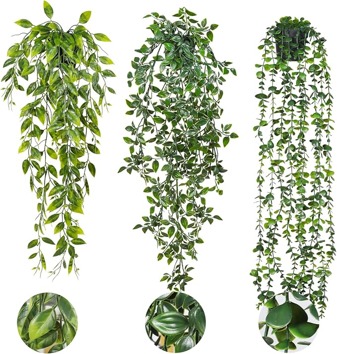 RECUTMS Fake Hanging Plants with Pots 3 Pack Artificial Ivy Vine Fake Potted Eucalyptus Plants Mandala Ivy Vine Leaves Pea Pod Summer Home Room Shelf Wall Indoor Outdoor Wedding Graduation Decor