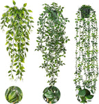 RECUTMS Fake Hanging Plants with Pots 3 Pack Artificial Ivy Vine Fake Potted Eucalyptus Plants Mandala Ivy Vine Leaves Pea Pod Summer Home Room Shelf Wall Indoor Outdoor Wedding Graduation Decor