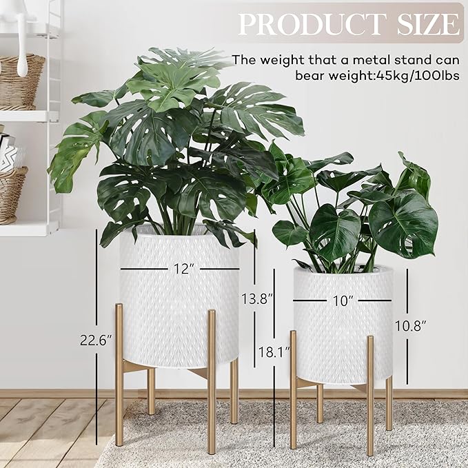 Oakrain Mid Century Planters for Indoor Plants, Set of 2, Modern Decorative Metal Planters for Living Room, Office, Garden or Balcony, White Planters with Stands, 10" & 12", Off-White