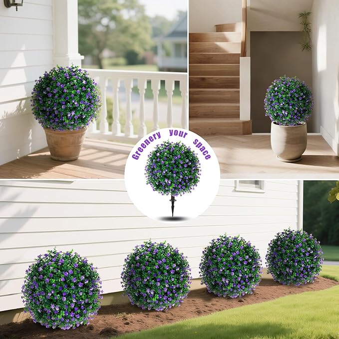 Artificial Purple Flower Topiary Ball Trees with Ground Spike, Set of 2 UV Resistant Artificial Shrubs, Fake Evergreen Artificial Plant Bushes for Indoor Outdoor Front Porch Garden