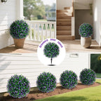 Artificial Purple Flower Topiary Ball Trees with Ground Spike, Set of 2 UV Resistant Artificial Shrubs, Fake Evergreen Artificial Plant Bushes for Indoor Outdoor Front Porch Garden