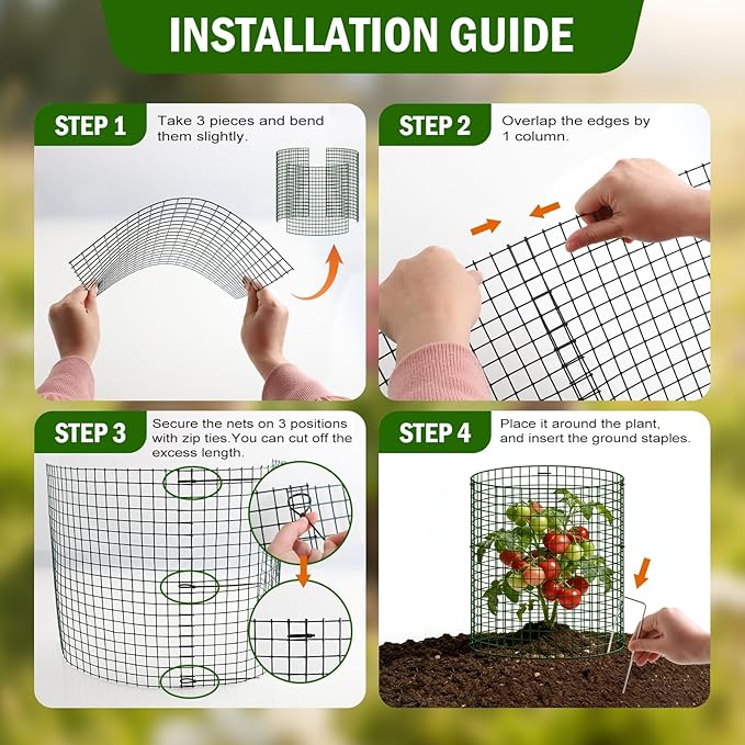 Uyittour 10 Pack Plant Protectors from Animals, 12" x 12" Round Metal Wire Garden Plant Cages to Keep Animals Out, Rabbit Proof Protection for Vegetables & Flowers with Stakes, Zip Ties & Gloves