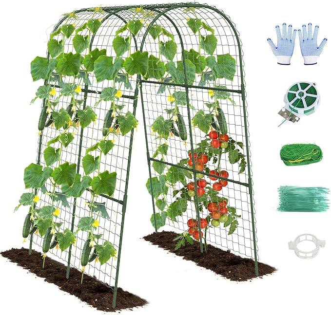 Cucumber Trellis, Metal Garden Arch Trellis for Raised Bed, 32 x 48inch U-Shape Garden Trellis for Climbing Plants Outdoor, Vegetables Fruit Plant Support with Netting, Gardening Supplies (Green)