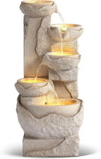 Grepatio Outdoor 5-Tiers Cascading Rock Water Fountain, Small Waterfall Fountain with 5 LED Lights, Beige Bowl Feature Fountains and Waterfalls for Garden or Patio, Yard, and Deck Decor